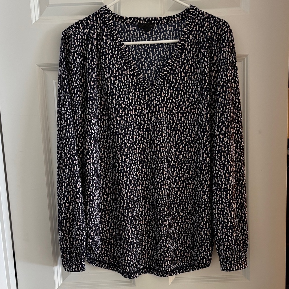 Ann Taylor Factory Navy and White Patterned Blouse